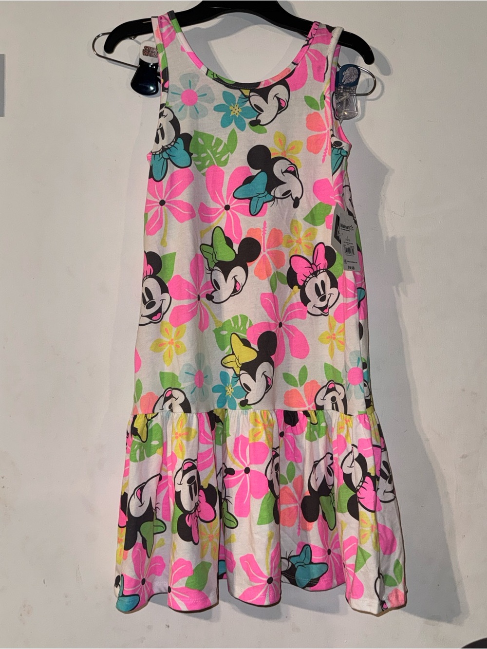 Disney White Tank Dress with Neon Pink Floral & Minnie Print-L (10-12)